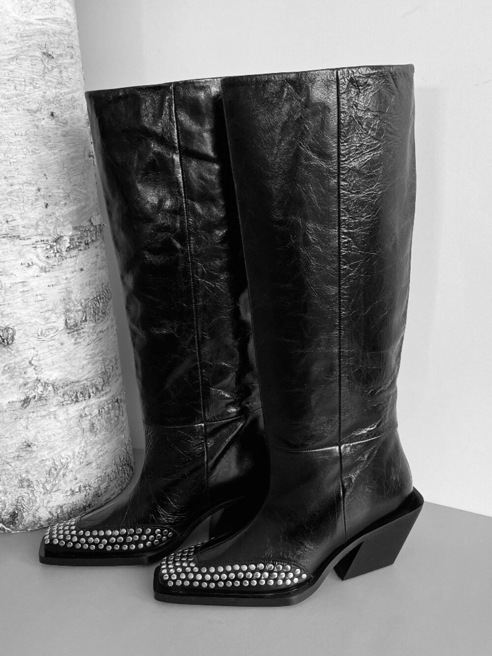 ASOS Premium Leather Studded Western Knee High Boots Runway Square Toe Fits 8.5